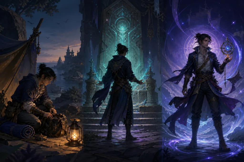 Editorial three-stage illustration showing an Arcane Odyssey character preparing, approaching an awakening altar, and emerging with a controlled aura