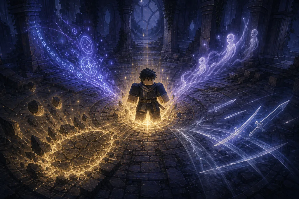 Editorial illustration of an Arcane Odyssey adventurer awakening between Magic, Strength, Weapons, and Spirit paths