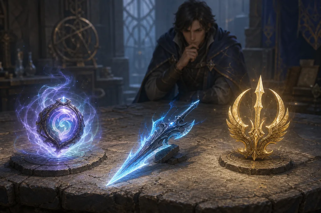 Editorial comparison illustration of three Arcane Odyssey-inspired relic choices with Spirit-like, weapon-like, and class-emblem energy