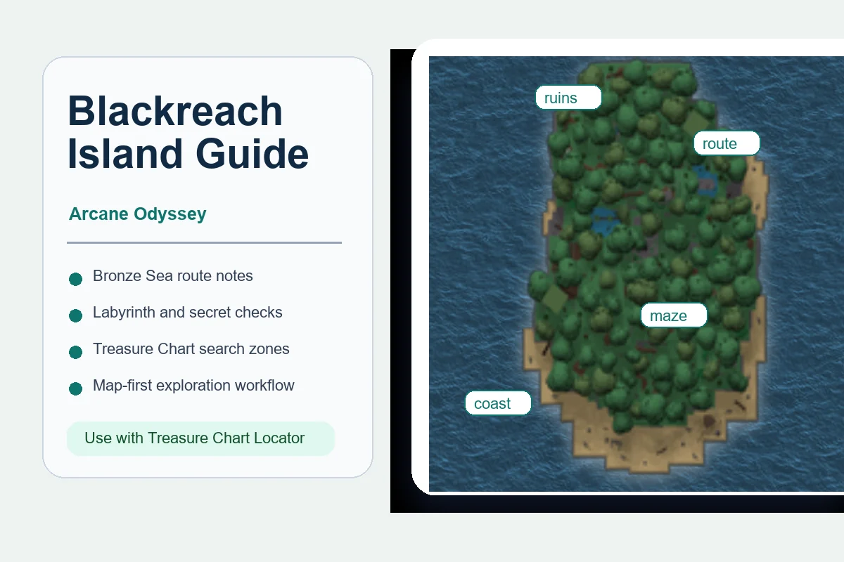 Blackreach Island Arcane Odyssey guide with Bronze Sea route notes and island map callouts