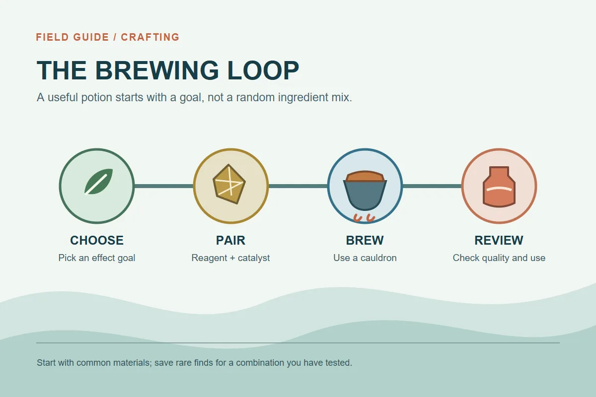 Editorial flow diagram for the Arcane Odyssey Brewing loop: choose an effect, pair materials, brew, and review the potion
