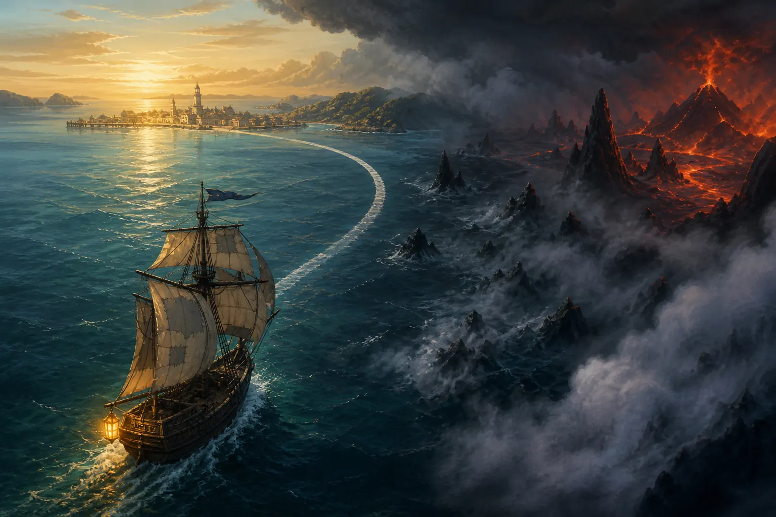 Editorial illustration of a ship turning from a volcanic fog bank toward a bright safe harbor along a curved return route
