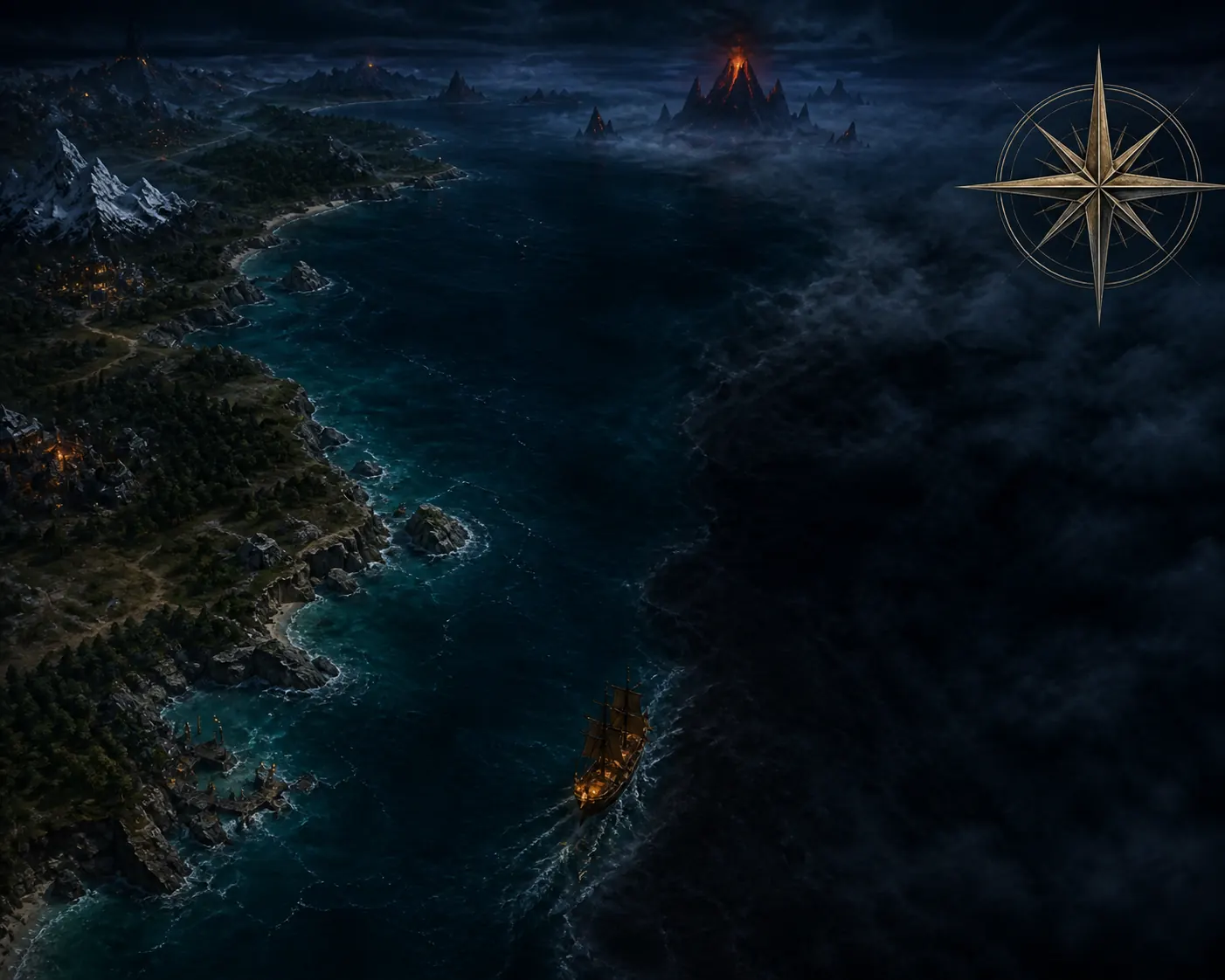 Editorial illustration of a ship navigating between a familiar coastline and a fog-covered volcanic Dark Sea