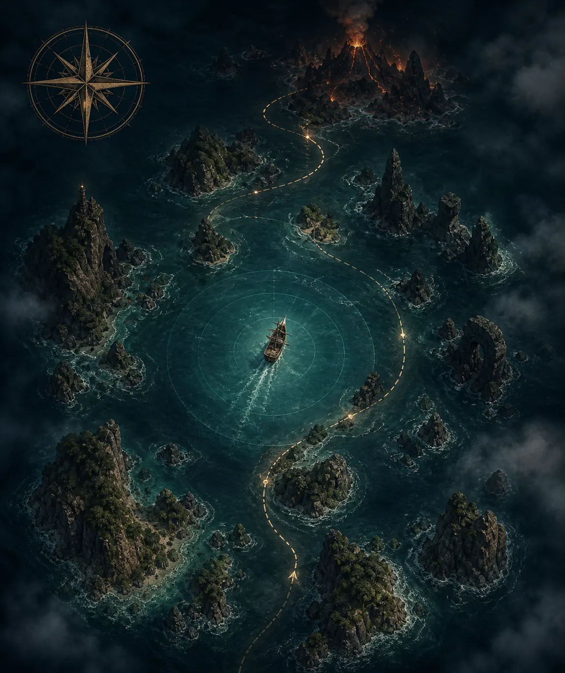 Editorial top-down illustration of a ship using a sensing pulse and landmarks to follow a winding Dark Sea route