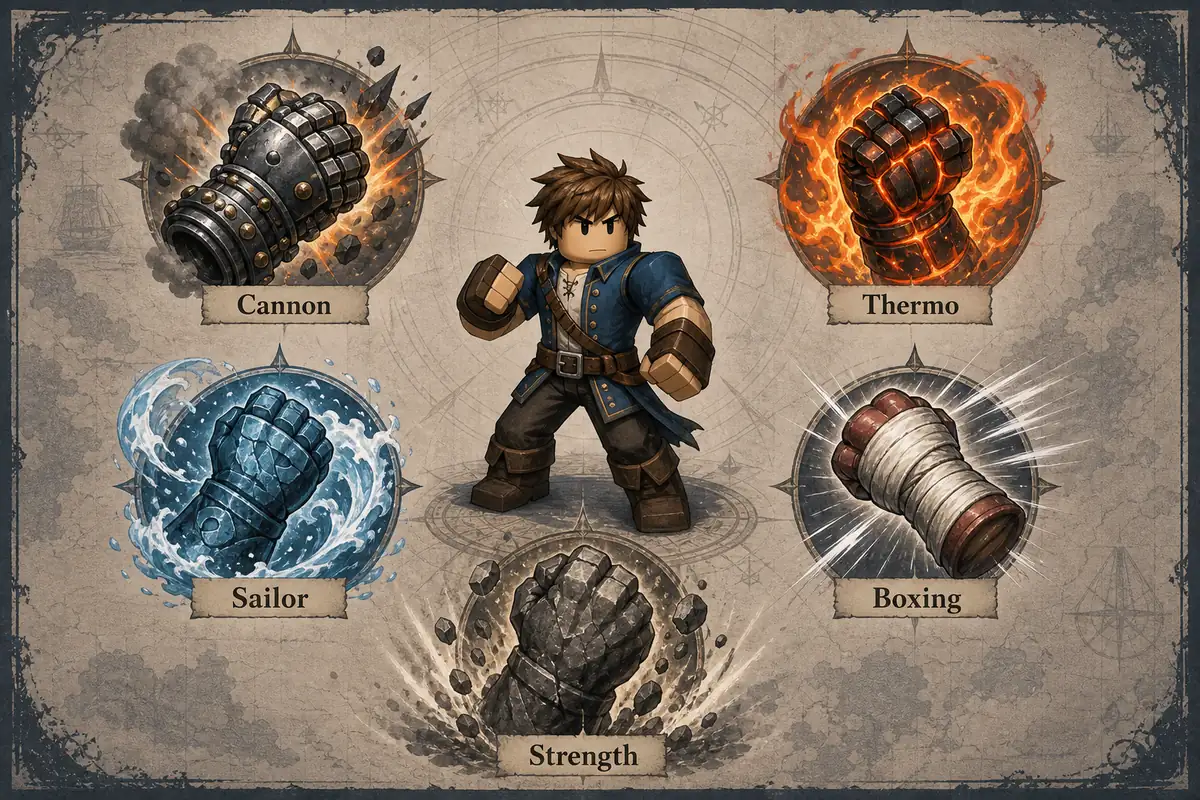 Editorial illustration of Arcane Odyssey fighting styles represented by fantasy martial arts gauntlets