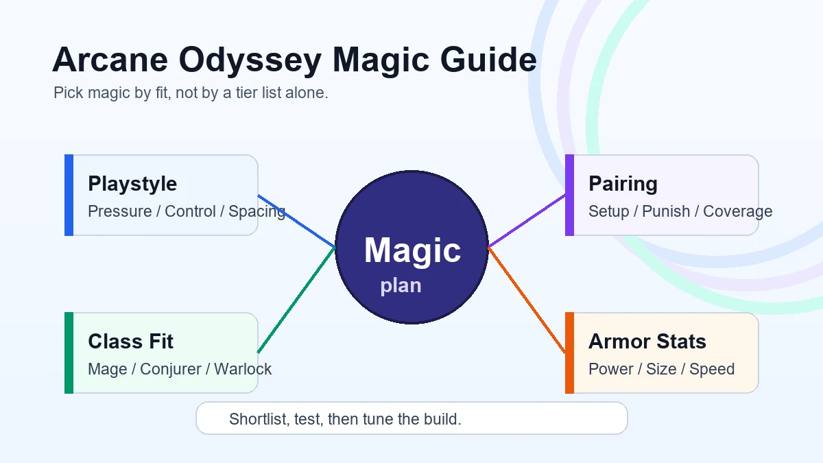 Arcane Odyssey magic selection framework showing playstyle, pairing, class fit, and armor stats