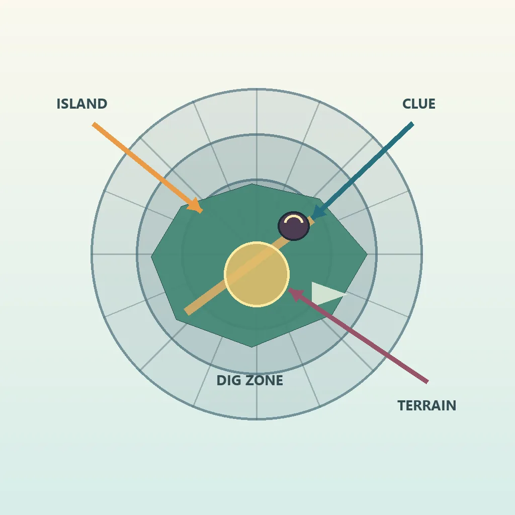 Editorial Nimbus Wilds Treasure Chart illustration showing region, direction, distance, and terrain filters