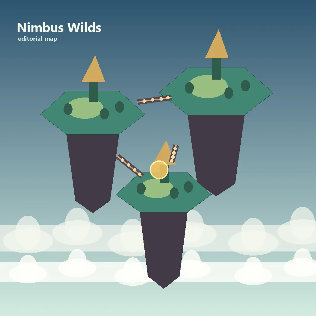 Editorial concept illustration of a cloud route toward Nimbus Wilds in Arcane Odyssey