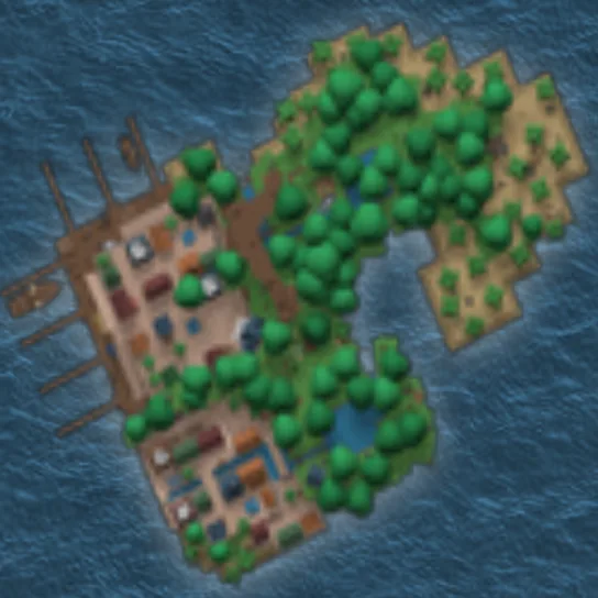 Palo Town treasure map showing its docks, settlement, wooded middle, and open edges