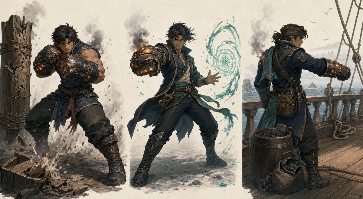 Editorial comparison illustration of Powder Fist in a Strength brawler, magic hybrid, and naval resource-aware build