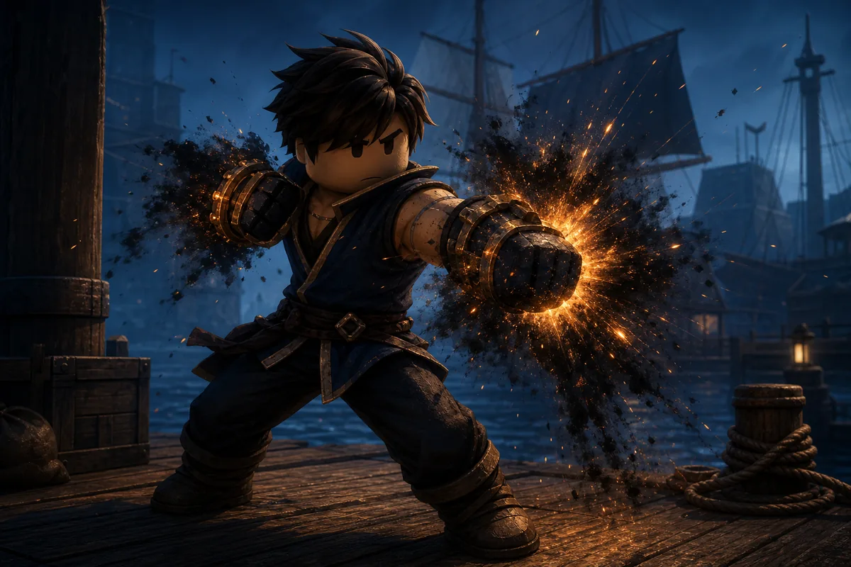 Editorial illustration of a Powder Fist fighter creating a gunpowder burst on a harbor deck