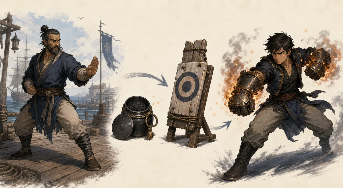 Editorial three-stage illustration showing a harbor trainer, black powder practice target, and Powder Fist fighter