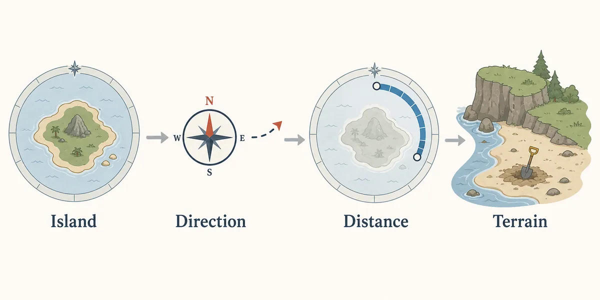 Treasure Chart workflow showing island, direction, distance, and terrain filters