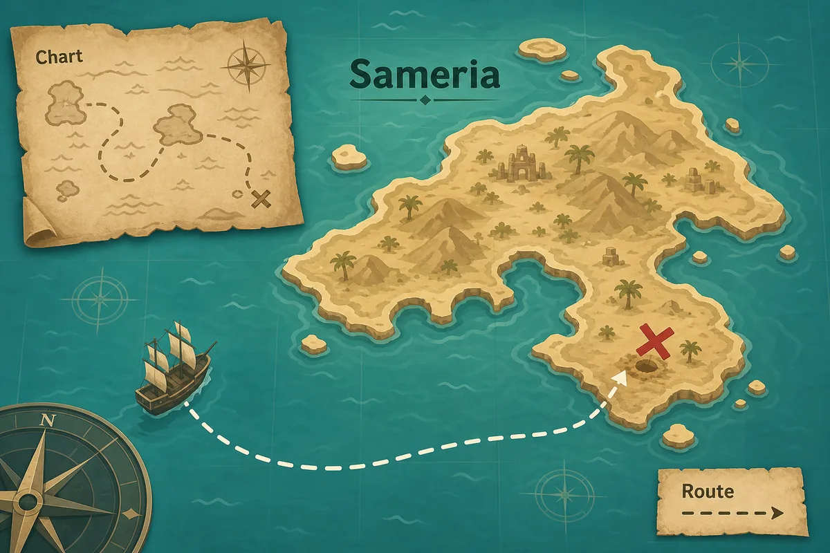 Editorial Sameria Treasure Chart guide illustration showing a route map, chart clue, compass, and buried treasure marker