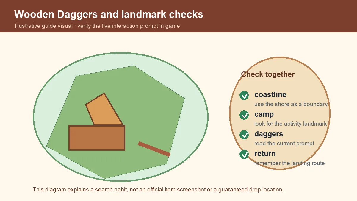 Editorial illustration of a Shell Island landmark sweep with a wooden dagger activity, camp, coastline, and return route