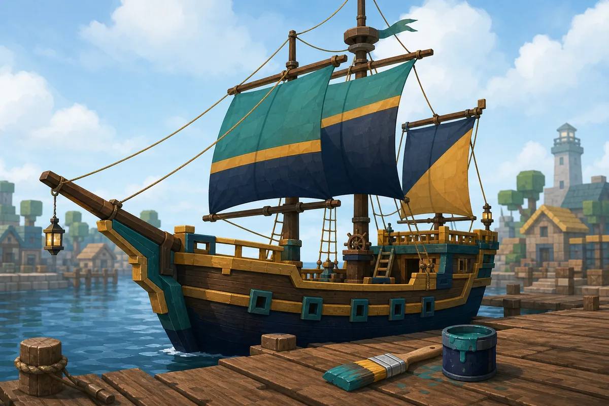 Editorial illustration of a customized wooden sailing ship beside a paint brush at a harbor