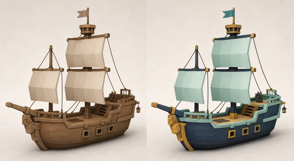 Editorial comparison of an unpainted ship and a ship with colored hull, trim, sails, deck, and figurehead accents