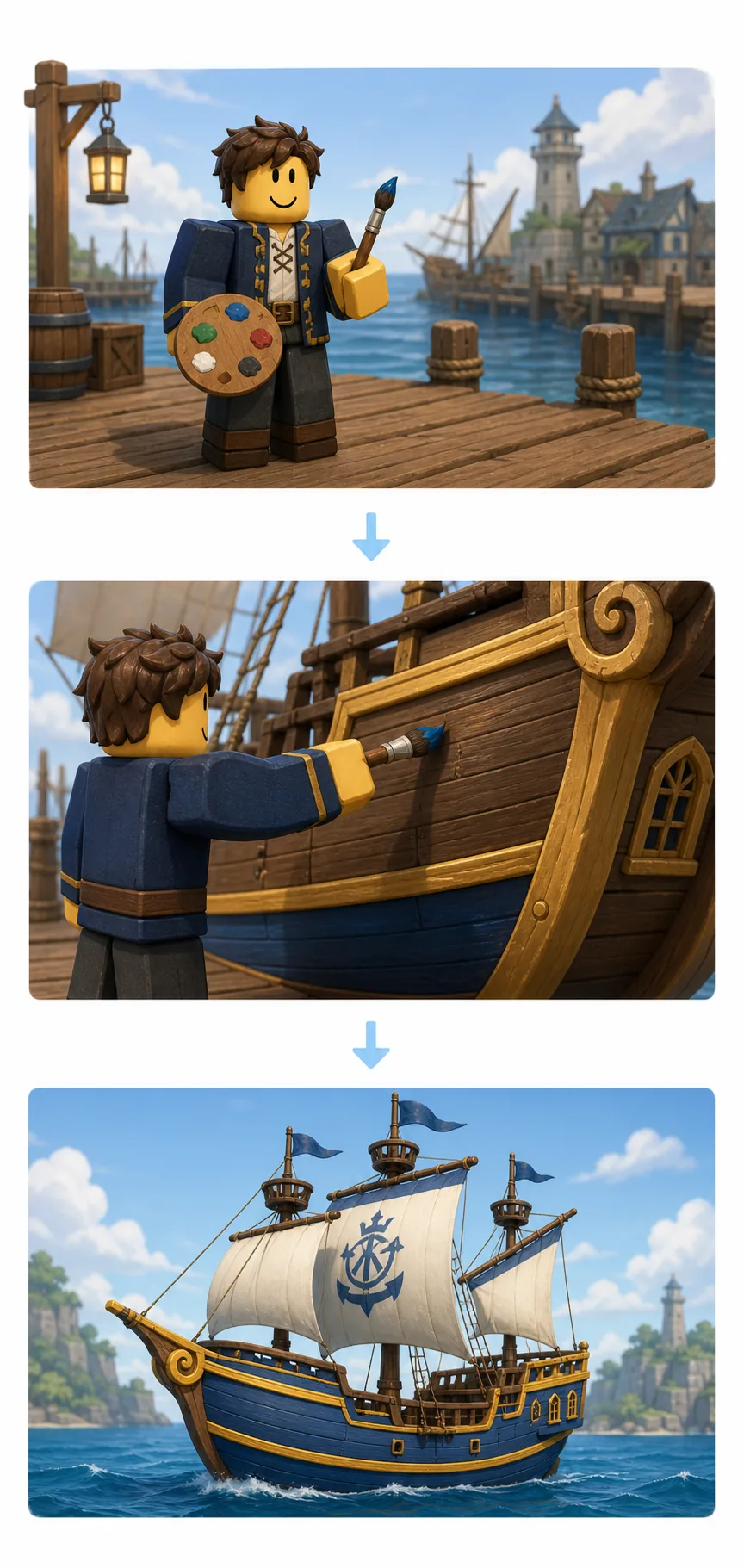 Editorial step-flow illustration showing a player preparing paint, targeting a hull, and seeing a finished colored ship