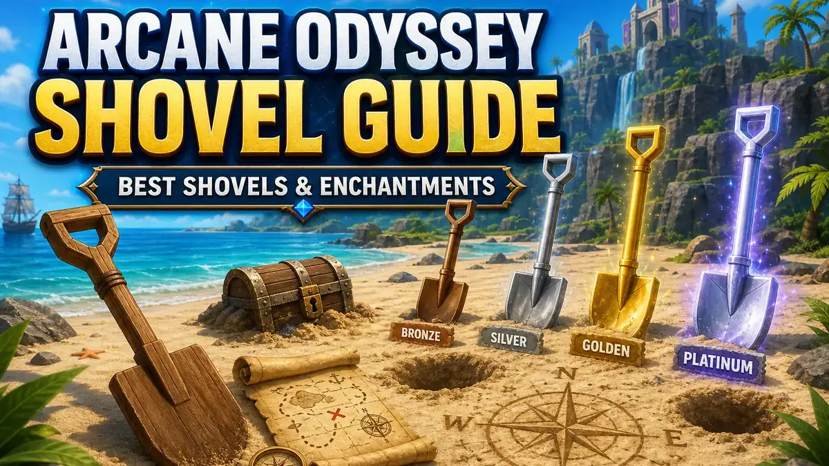Arcane Odyssey shovel guide showing shovels, a treasure chart, and buried treasure on an island shore