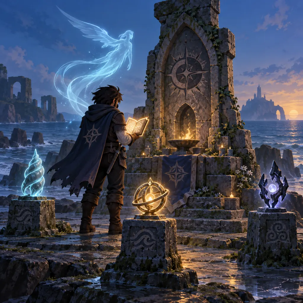 Editorial illustration of an Arcane Odyssey-inspired Spirit Rite at a sea shrine with a spectral flight trail
