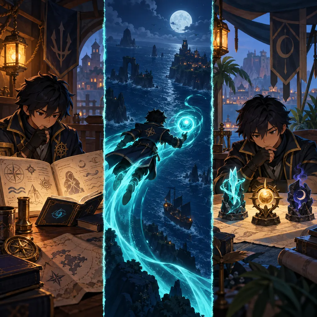 Editorial three-panel illustration of checking a ritual tome, testing spectral flight over the sea, and reviewing relic choices