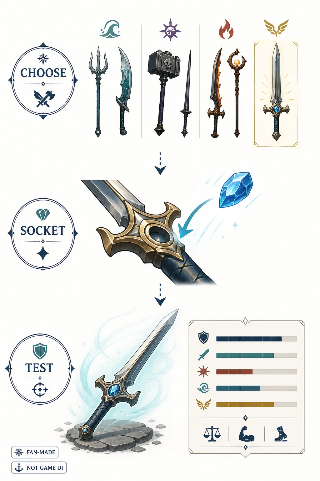 Fan-made editorial workflow showing weapon choice, jewel socketing, and a final build review