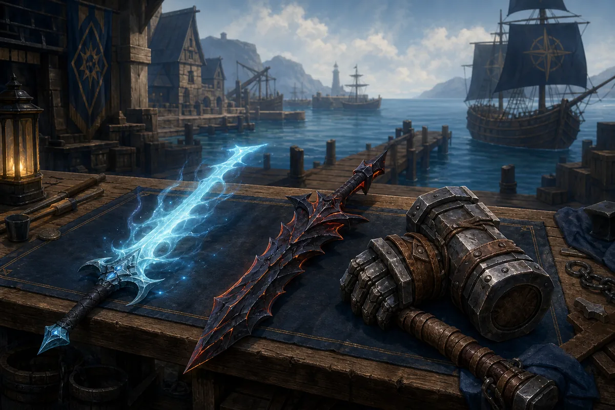 Editorial illustration of Spirit, Arcanium, and Strength-focused weapons arranged on a harbor workbench
