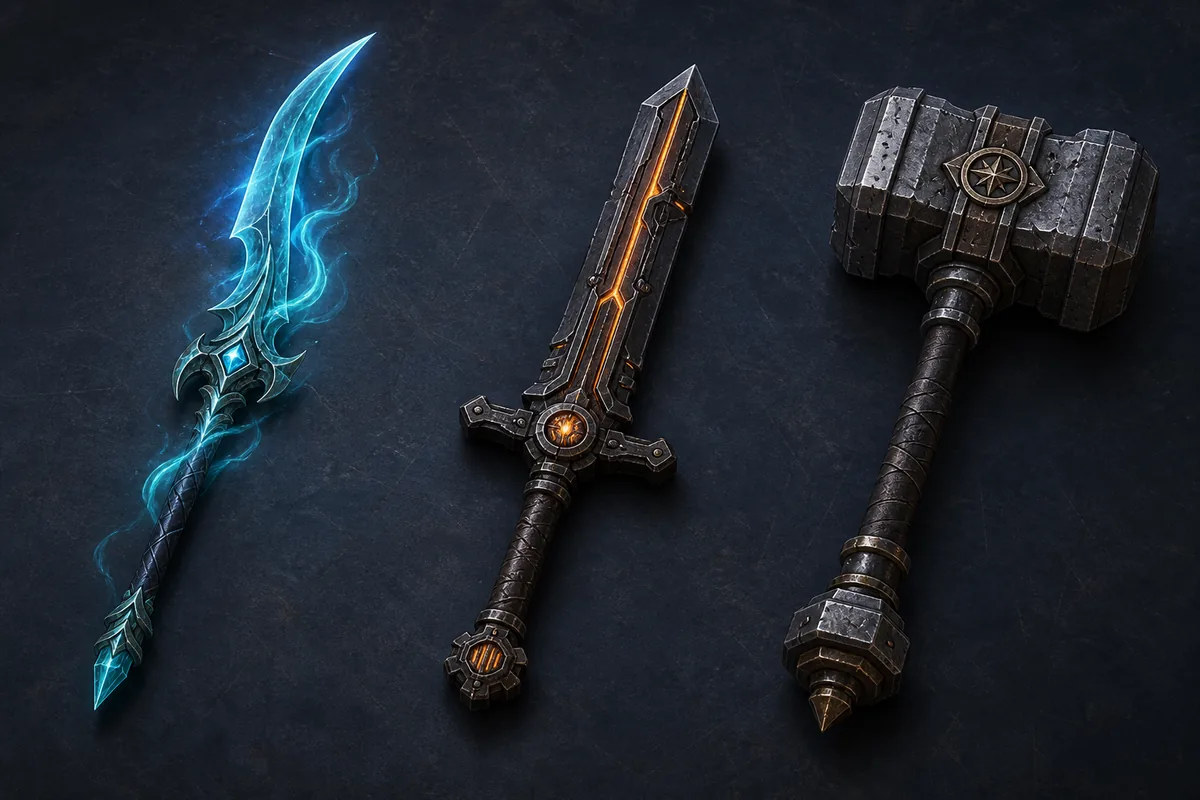 Editorial comparison illustration showing a spectral Spirit weapon, a heated Arcanium weapon, and a heavy Strength-focused weapon